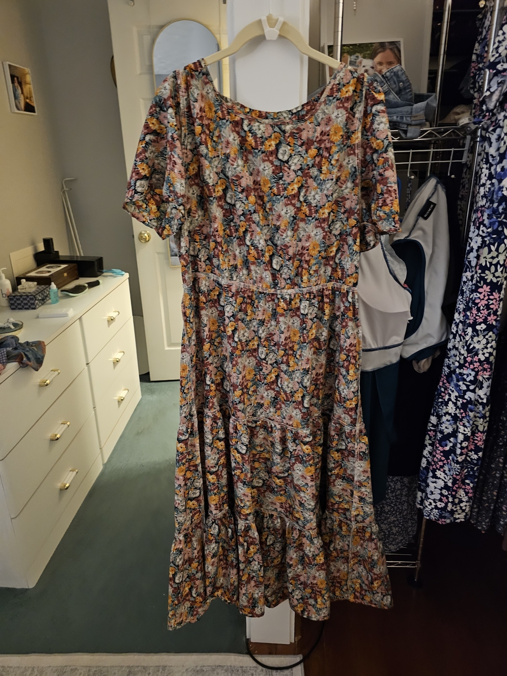 SHEIN Floral Tiered Maxi Dress in Mustard, Pink & Navy